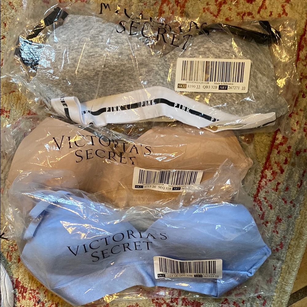 Lot of 3 NWT PINK Victoria's- Gray, Tan, Blue bras sz 32b